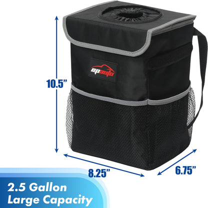 EPAuto Waterproof Car Trash Can With Lid And Storage Pockets 2.5 Gallon Black