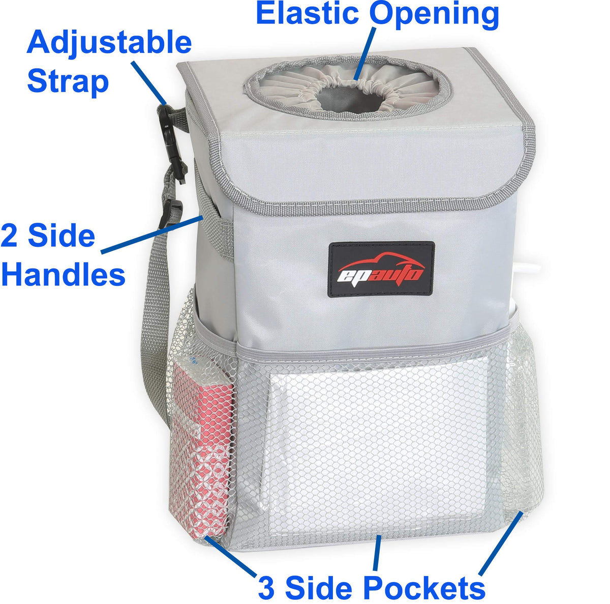 EPAuto Waterproof Car Trash Can With Lid And Storage Pockets 2.5 Gallon Black