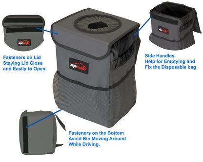 EPAuto Waterproof Car Trash Can With Lid And Storage Pockets 2.5 Gallon Black