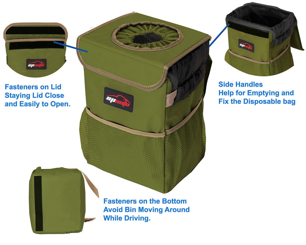 EPAuto Waterproof Car Trash Can With Lid And Storage Pockets 2.5 Gallon Black