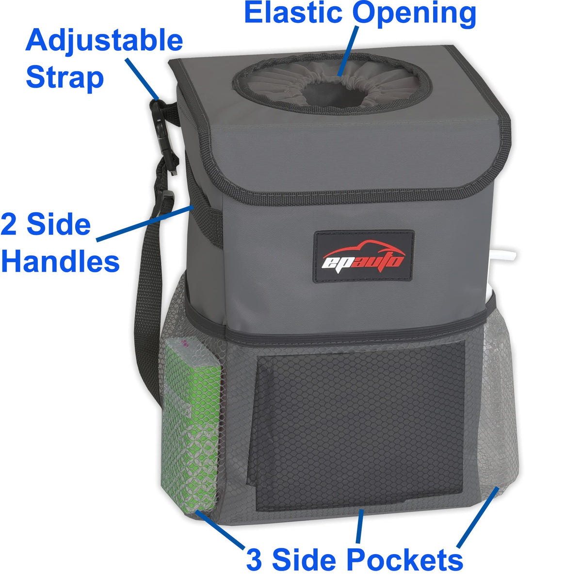 EPAuto Waterproof Car Trash Can With Lid And Storage Pockets 2.5 Gallon Black