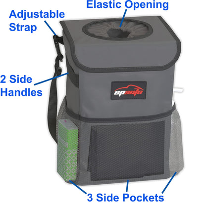 EPAuto Waterproof Car Trash Can With Lid And Storage Pockets 2.5 Gallon Black
