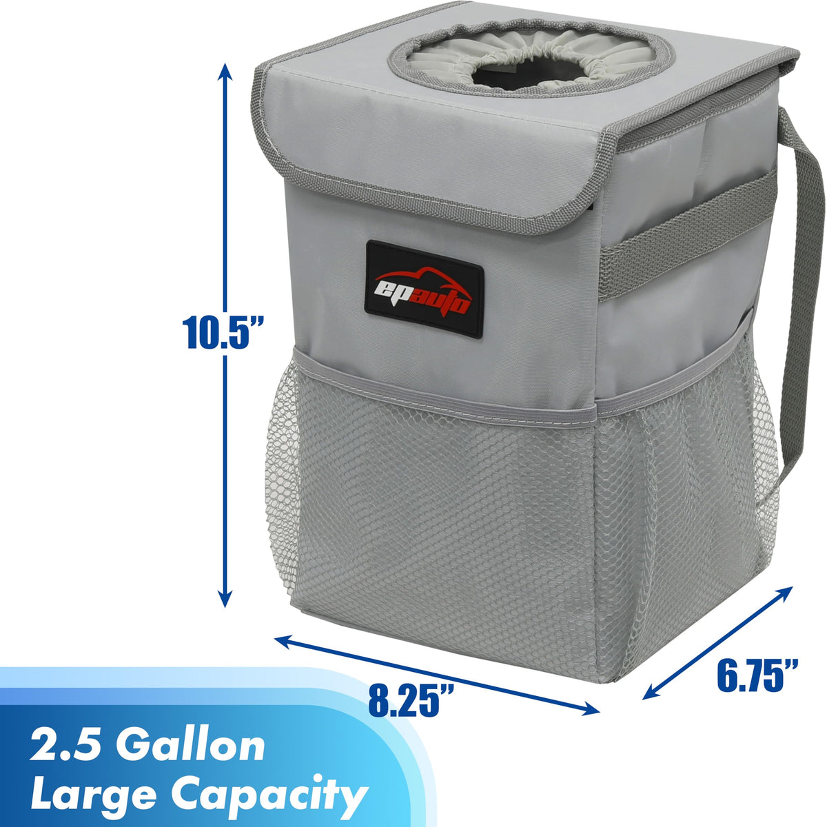EPAuto Waterproof Car Trash Can With Lid And Storage Pockets 2.5 Gallon Black