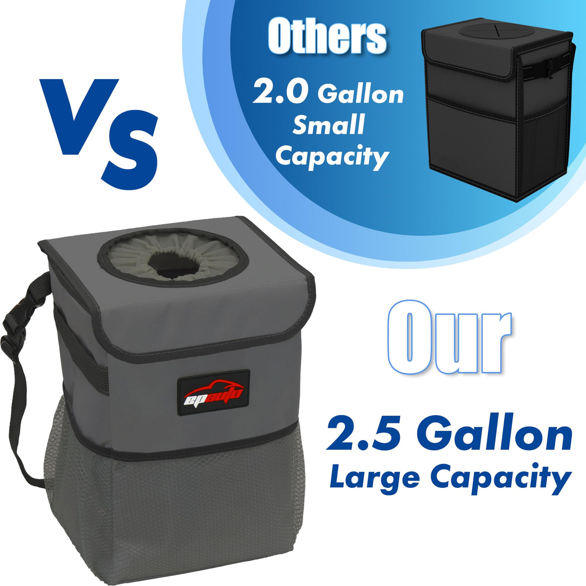 EPAuto Waterproof Car Trash Can With Lid And Storage Pockets 2.5 Gallon Black