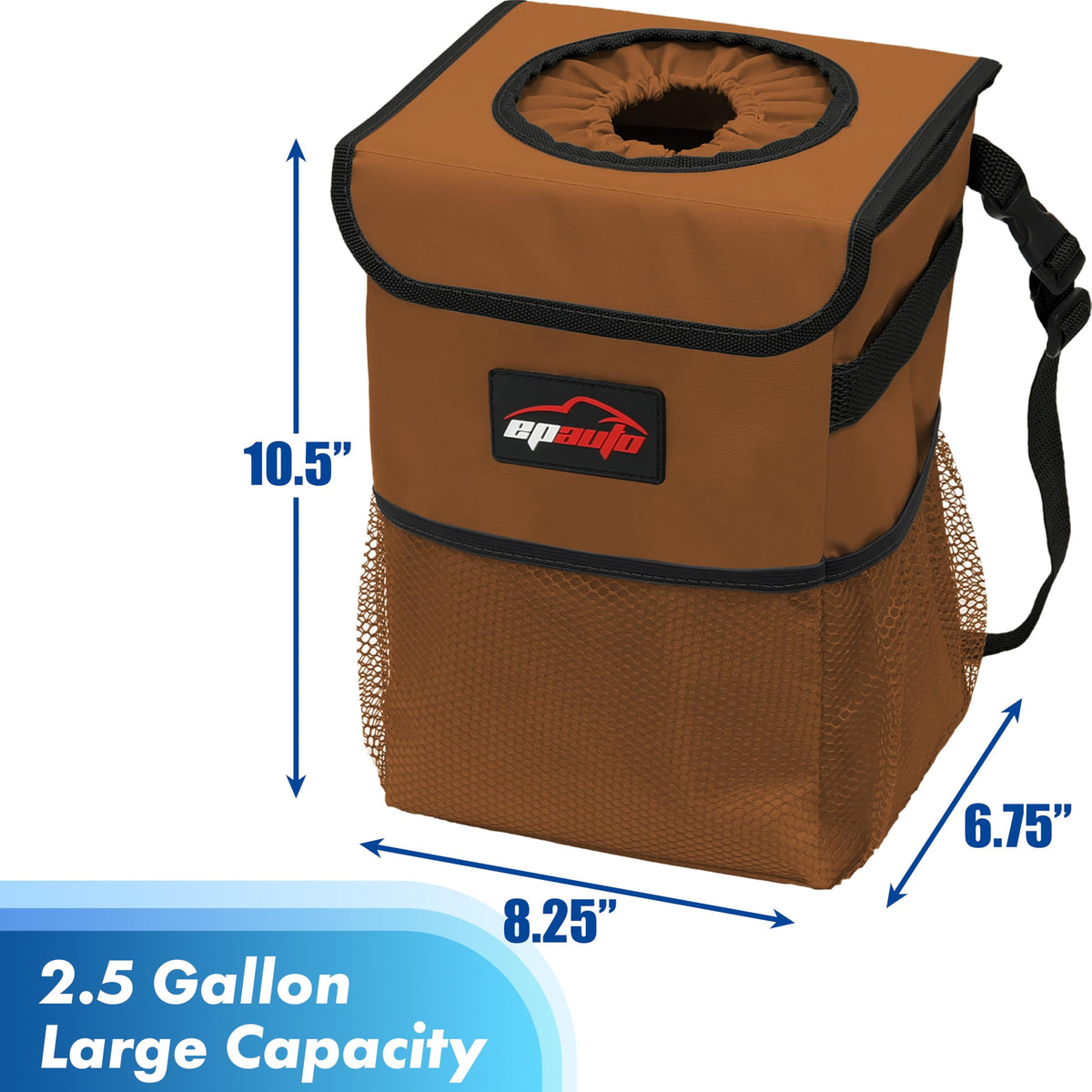 EPAuto Waterproof Car Trash Can With Lid And Storage Pockets 2.5 Gallon Black