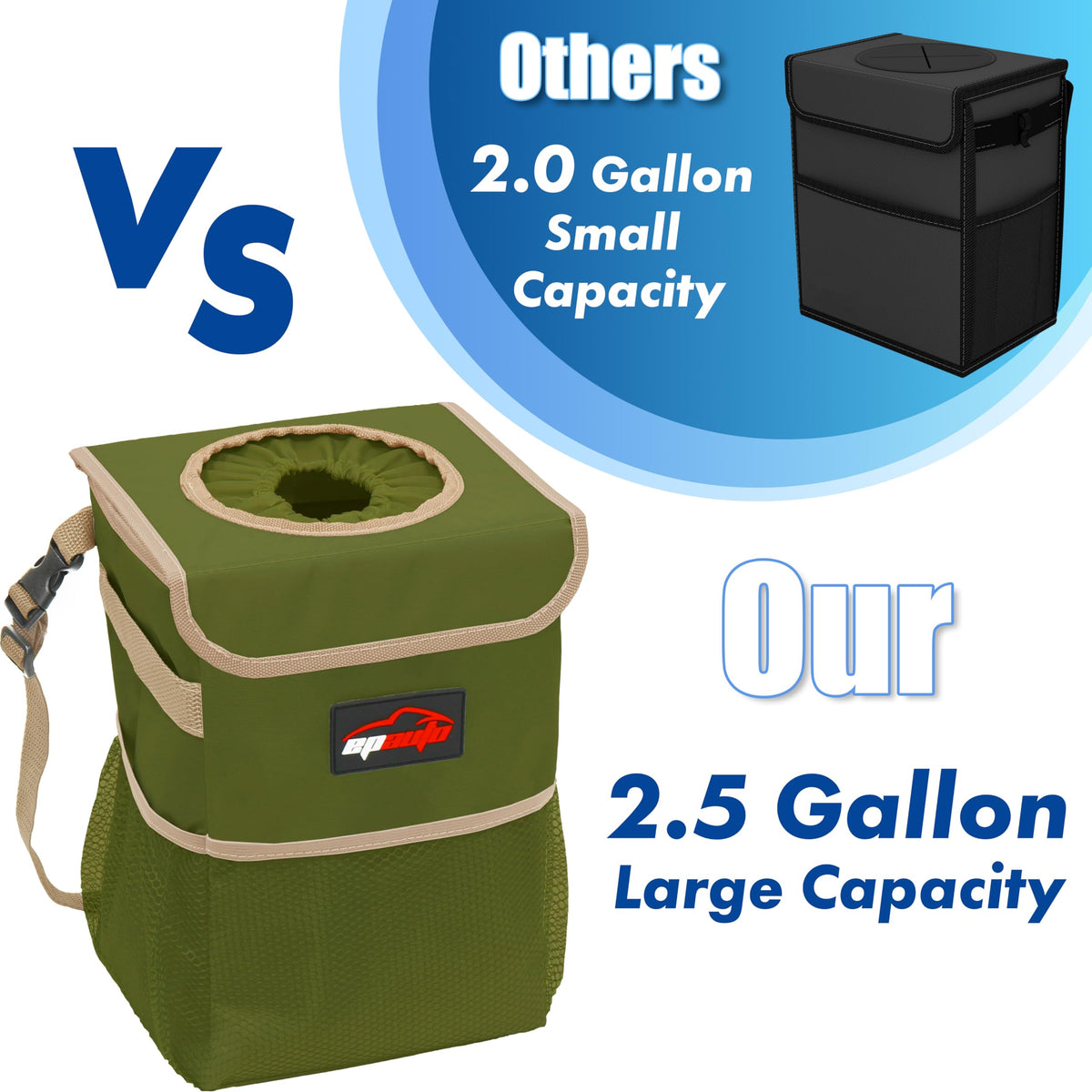 EPAuto Waterproof Car Trash Can With Lid And Storage Pockets 2.5 Gallon Black