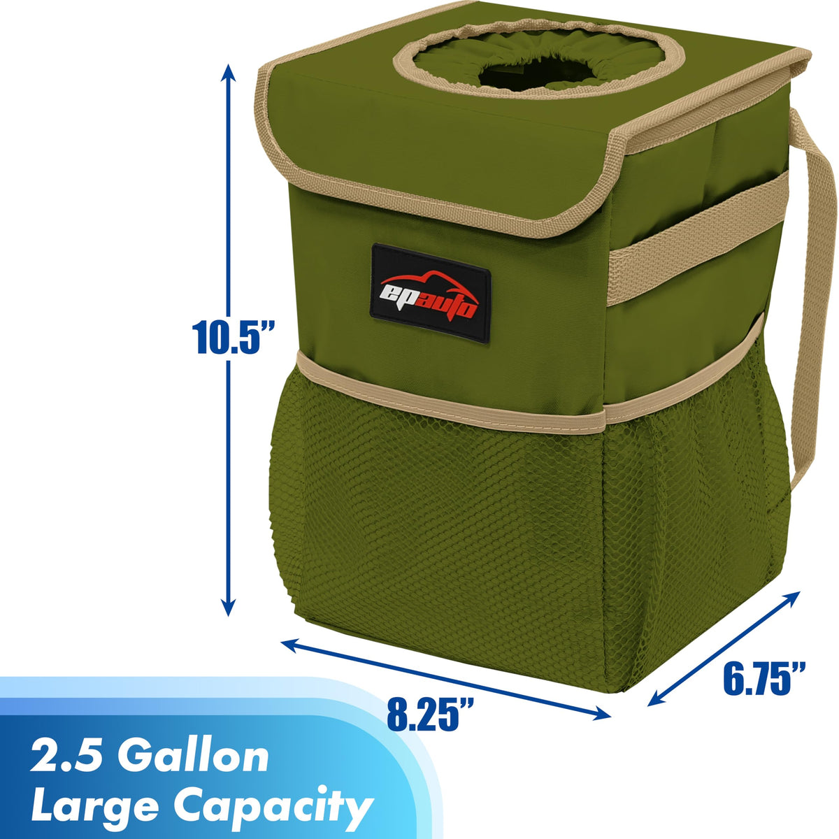 EPAuto Waterproof Car Trash Can With Lid And Storage Pockets 2.5 Gallon Black