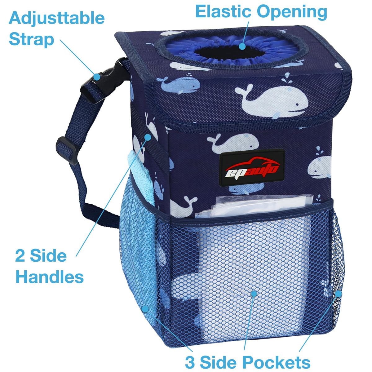 EPAuto Waterproof Car Trash Can With Lid And Storage Pockets 2.5 Gallon Black
