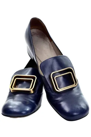 1960s Pierre Cardin Navy Blue Leather Pilgrim Shoes w/ Gold Buckles