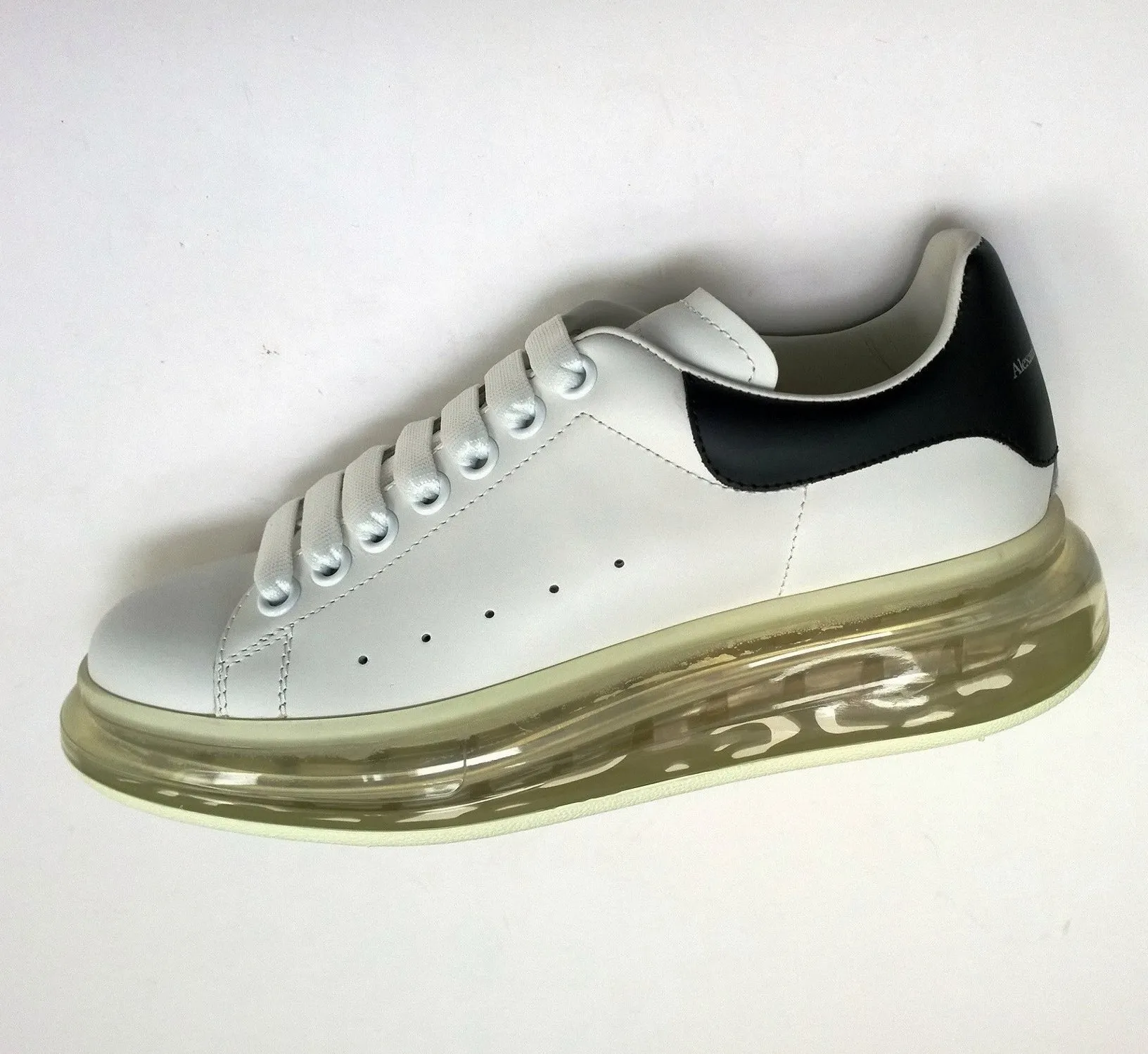 Alexander McQueen Oversized Transparent Sole Sneakers in White Leather with Black Detail New