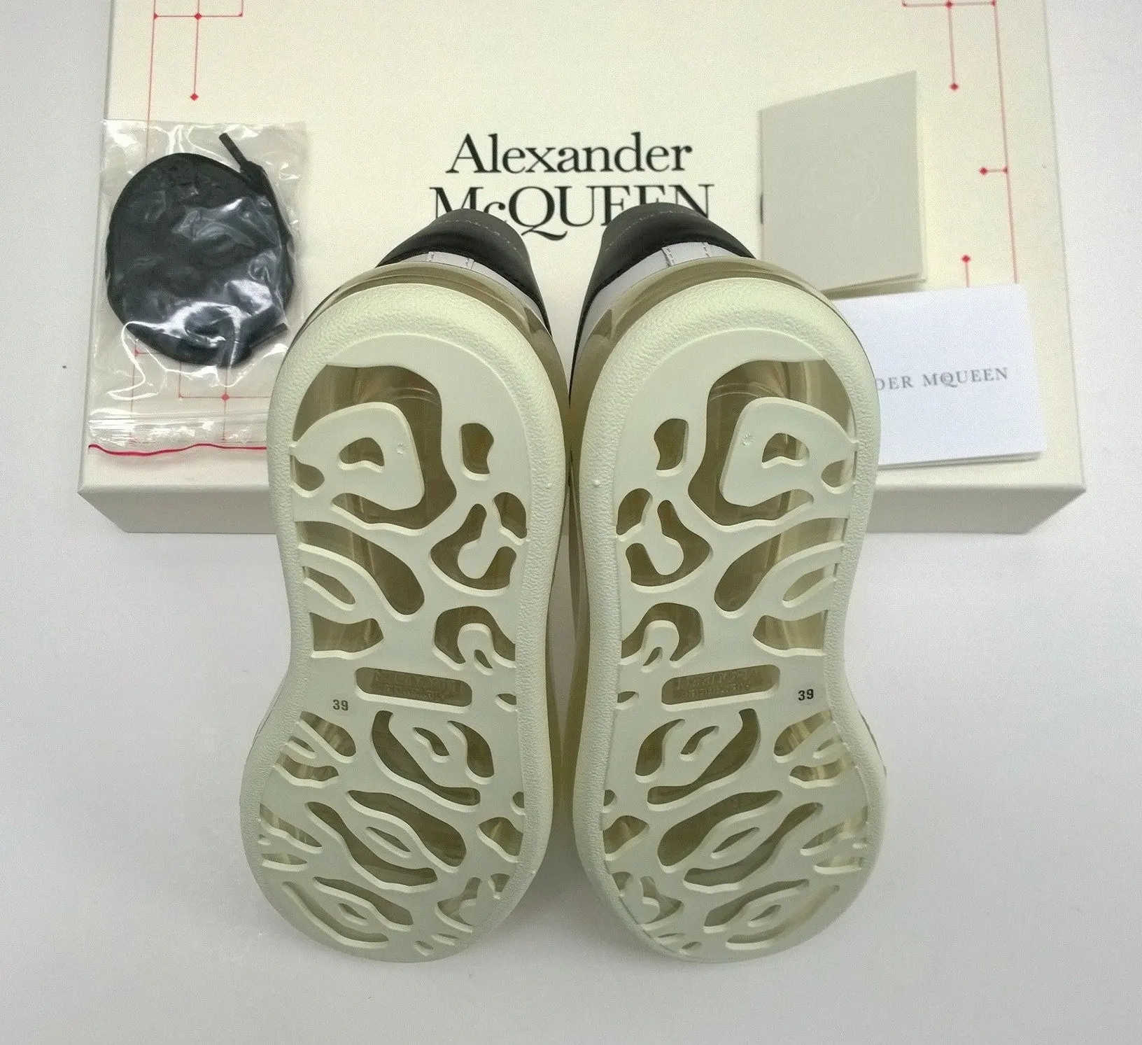 Alexander McQueen Oversized Transparent Sole Sneakers in White Leather with Black Detail New