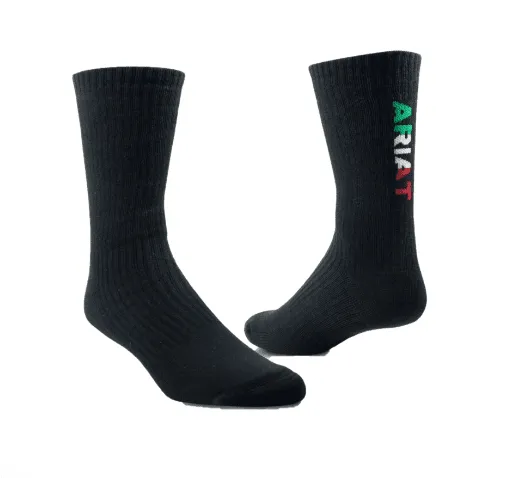 Ariat High Performance Mexico Black Premium Ringspun Cotton Crew Work Socks 3 Pair Pack 10044791