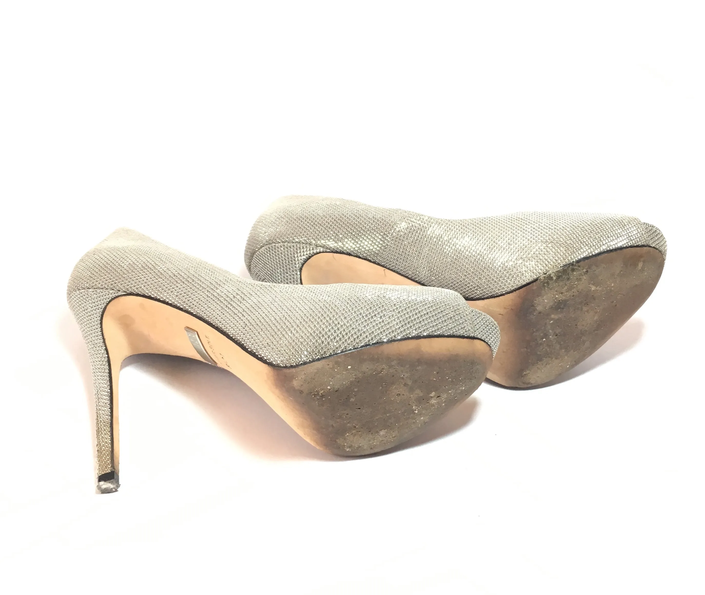 Badgley Mischka Silver Peep Toe Pumps | Pre Loved |