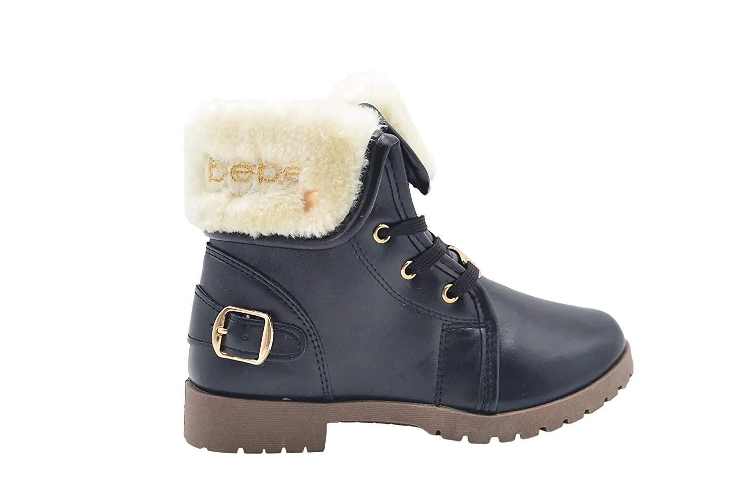 bebe Girls Big Kid Pull-On Lace-Up Short Ankle Boots with Faux Fur Fold Over Cuff