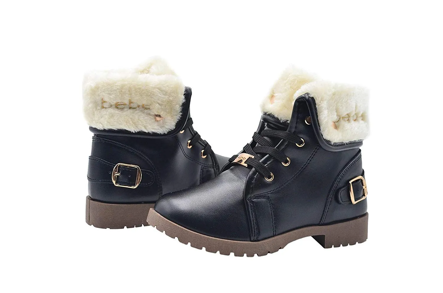 bebe Girls Big Kid Pull-On Lace-Up Short Ankle Boots with Faux Fur Fold Over Cuff