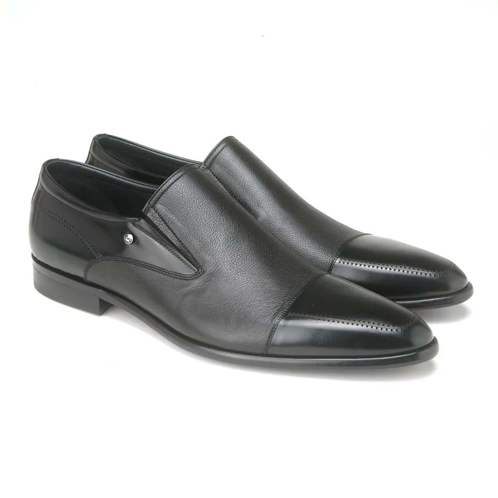 Corrente Black Leather Men’s Cap Toe Slip On Loafers