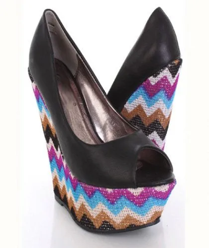 Denise-1 Faux Leather Peep Toe Zig Zag Threaded Platform Wedges