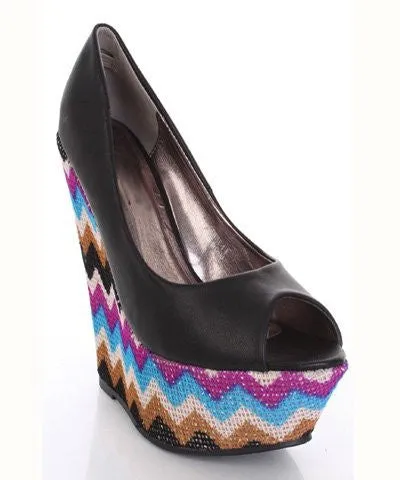 Denise-1 Faux Leather Peep Toe Zig Zag Threaded Platform Wedges