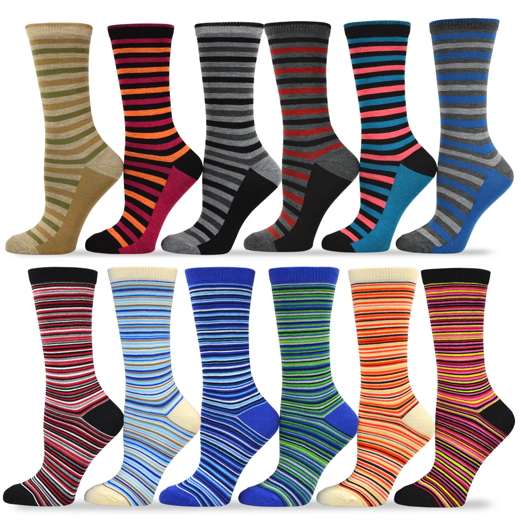 TeeHee Socks Women's Casual Polyester Crew Thin Ministripes 12-Pack (1118898)