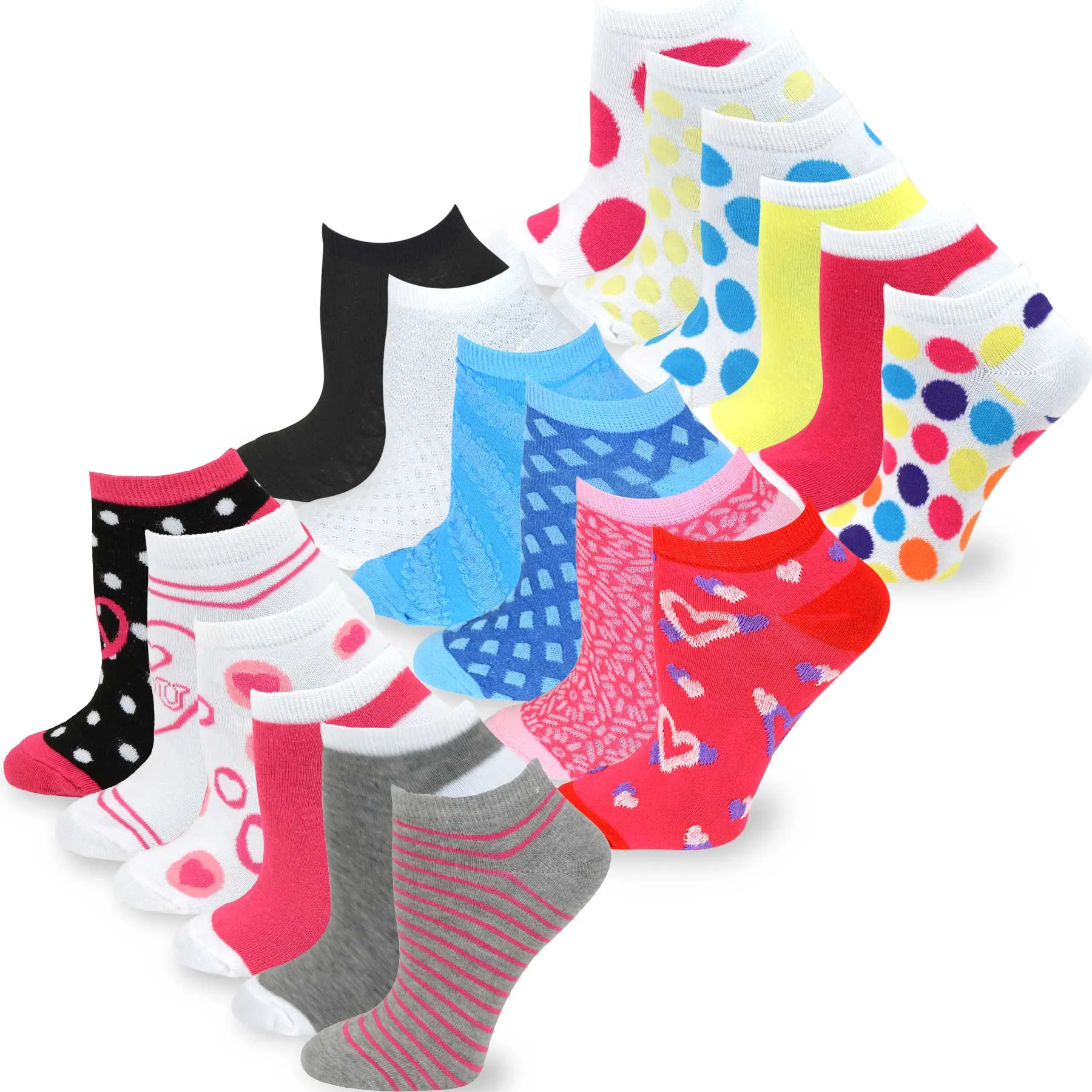 TeeHee Socks Women's Casual Polyester No Show Hearts and Stripes 18-Pack (12063)