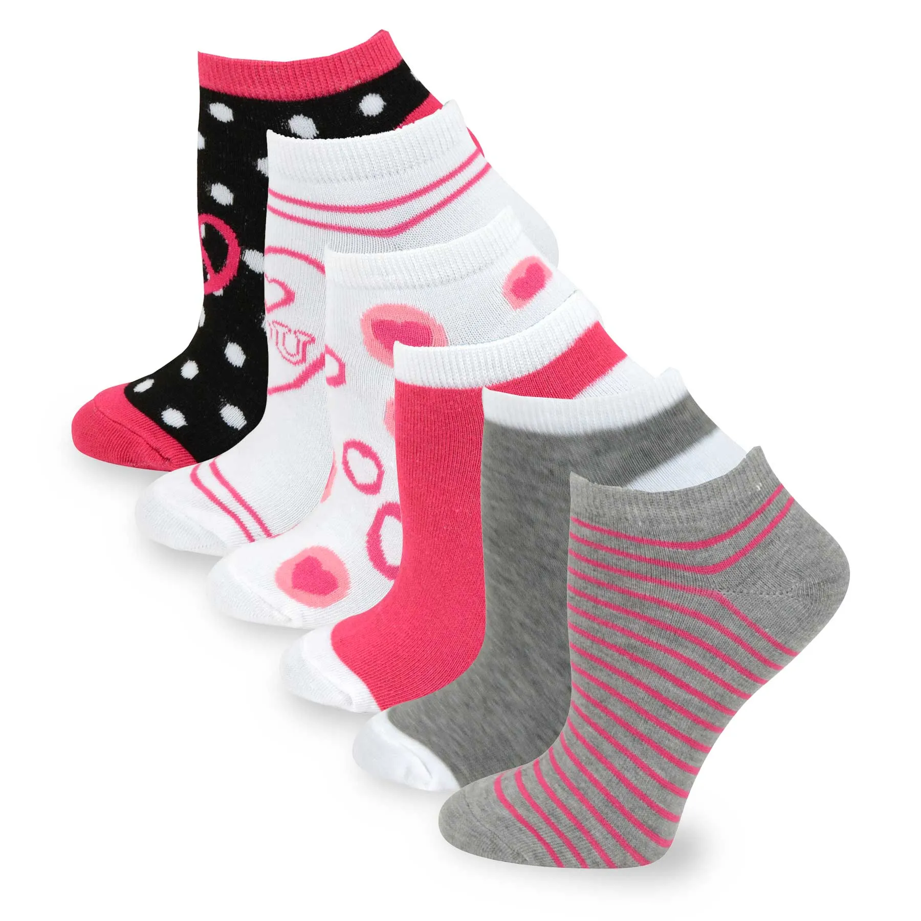 TeeHee Socks Women's Casual Polyester No Show Hearts/Dots/Stripes 6-Pack (3104)