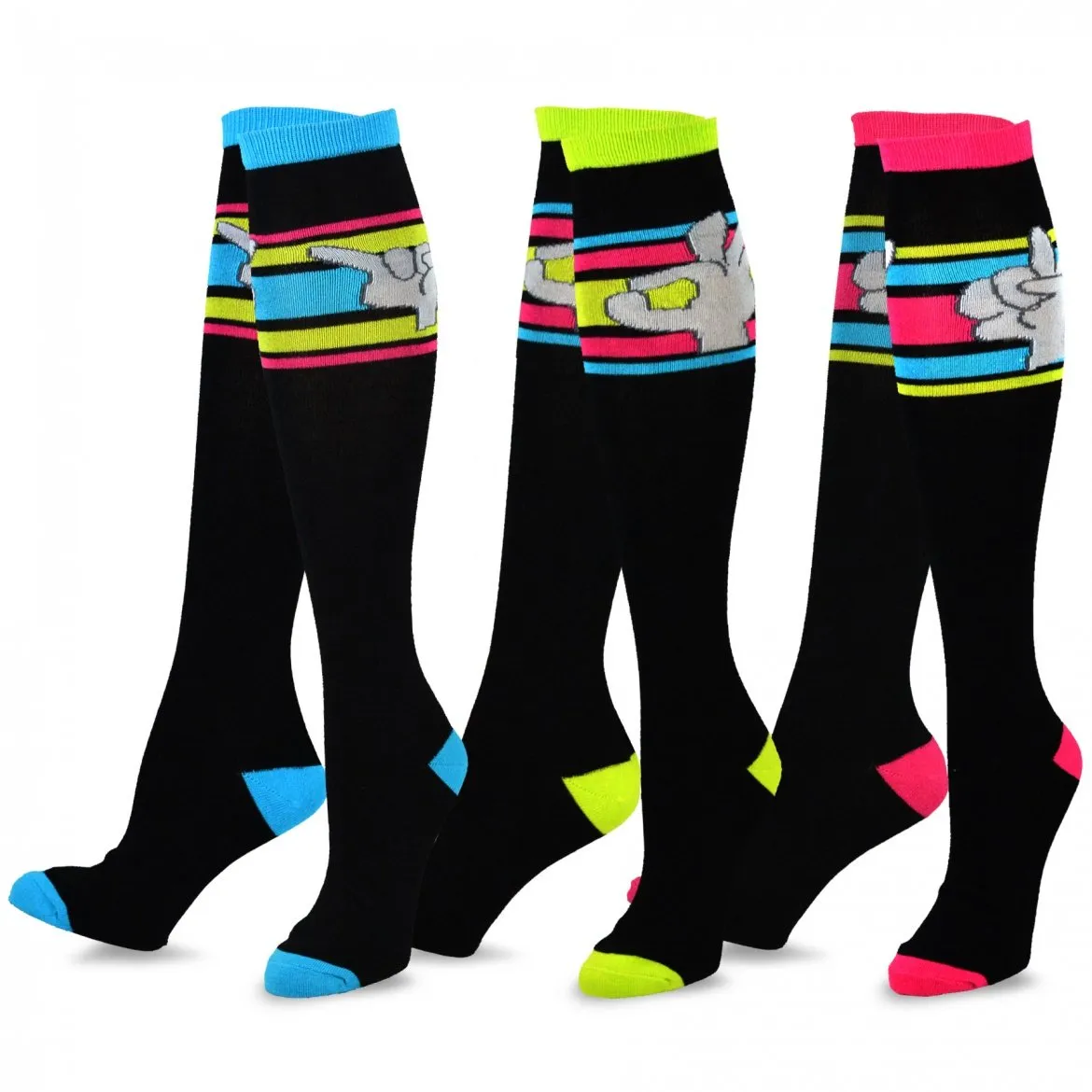 TeeHee Socks Women's Novelty Cotton Knee High Finger Expression 3-Pack (10798)