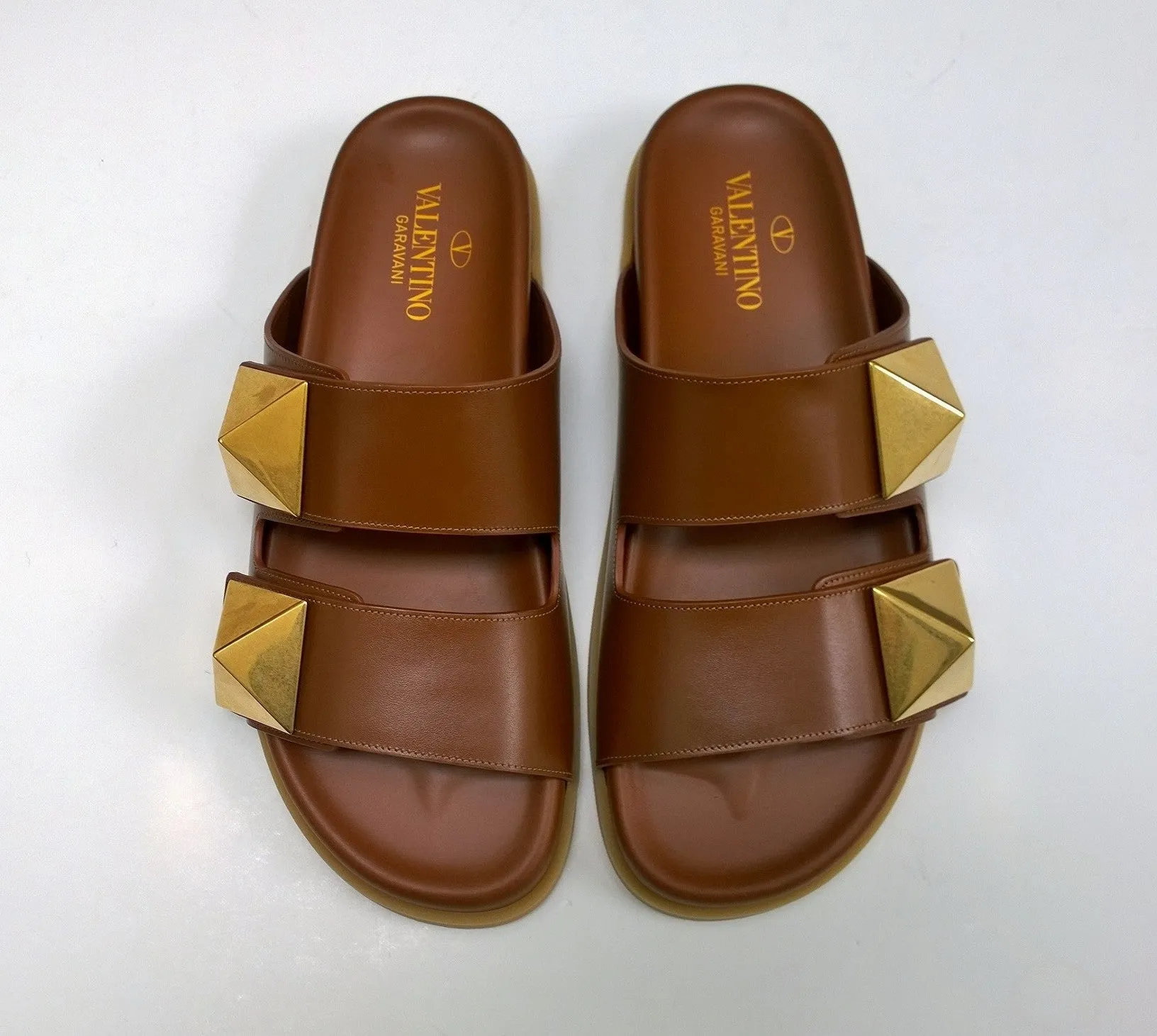 Valentino Garavani Roman Stud Brown Leather Slides with Gold Rockstud Sandals