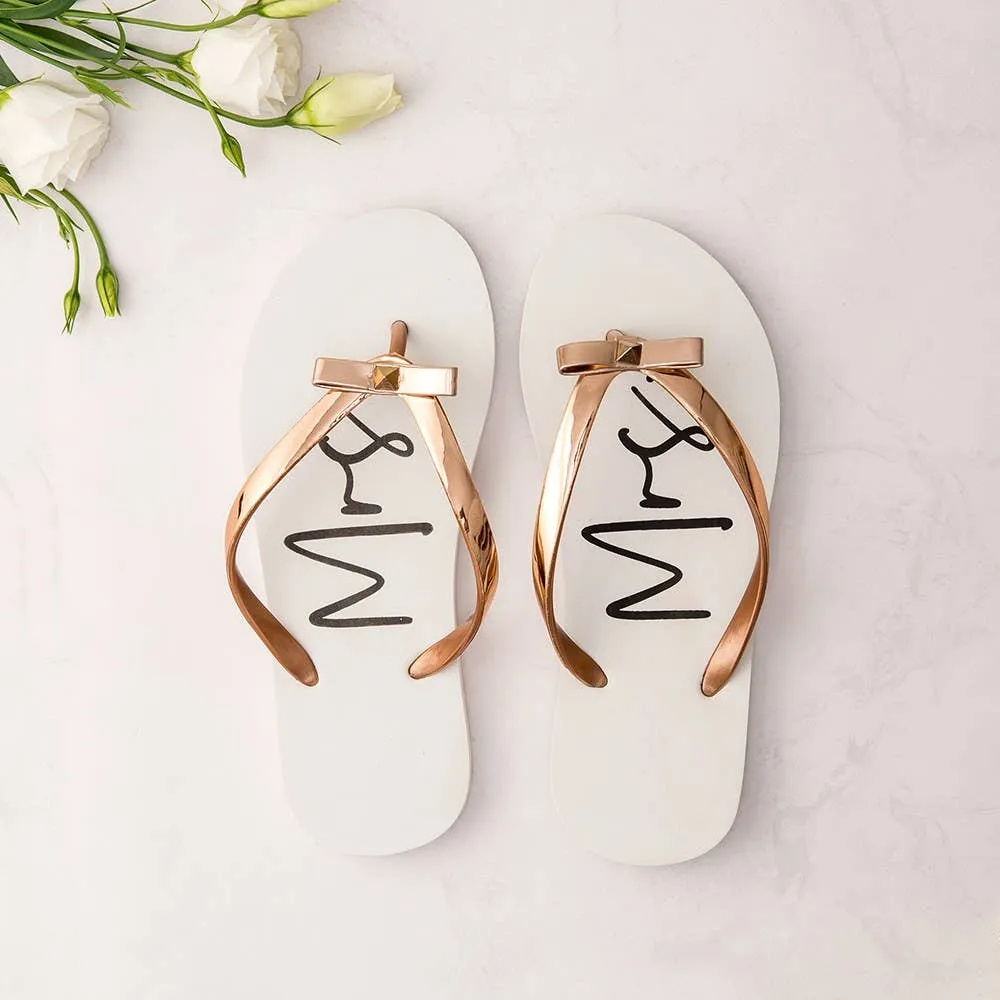 Women’s White & Rose Gold Flip-Flops With Bow - Mrs.